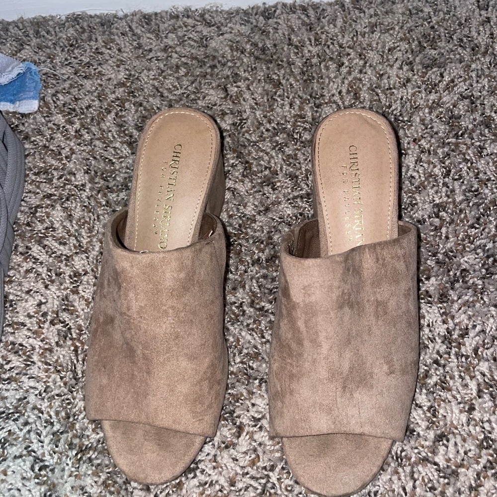 Suede Nude/ khaki Heels about 2.5 inches tall